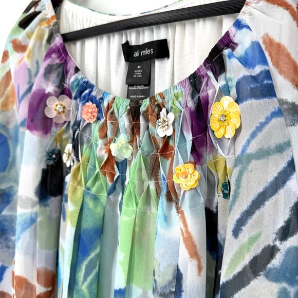 Ali Miles Sz Medium Wearable Art to Wear Floral Beaded Shirt Top Tropical Beach - Picture 5 of 10